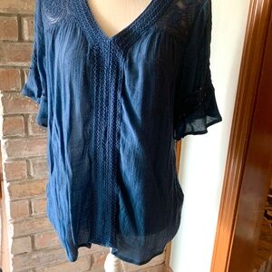 John Paul Richard Ruffled Sleeves V Neck Blouse L Lace Back above Shoulders